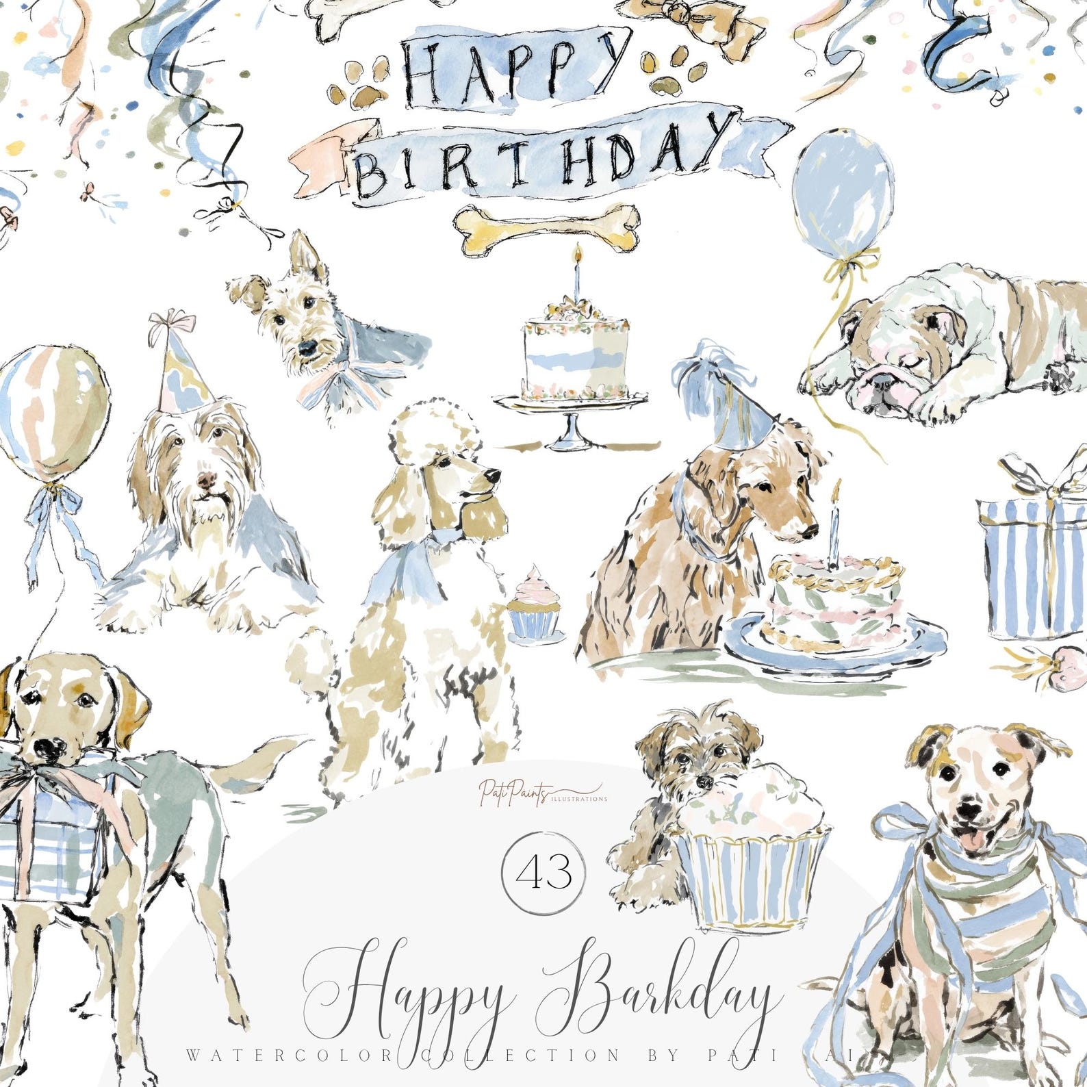 Watercolor Dog Birthday Clipart Set, Happy Barkday Party PNG Bundle ...