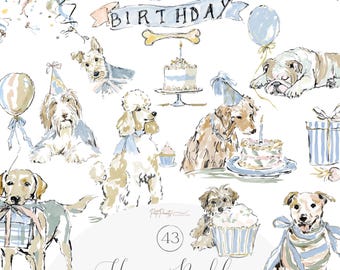 Set di clipart di compleanno di cani ad acquerello, pacchetto di PNG per la festa di compleanno di "Happy Barkday", palloncino con torta di cucciolo carino, illustrazione di cupcake, set di illustrazioni per la celebrazione di animali domestici