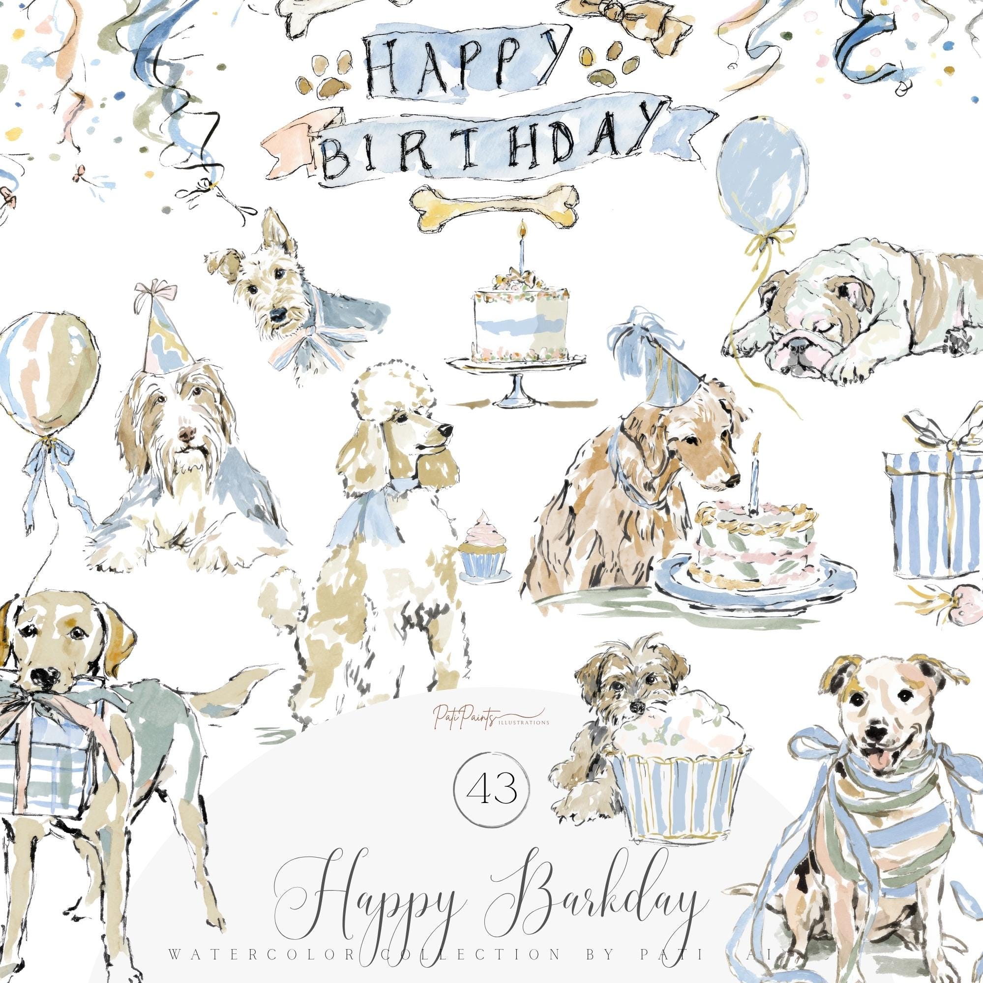 水彩画風の犬の誕生日クリップアートセット、ハッピーバークデー