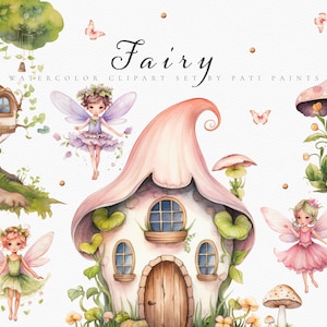 Clipart fata rosa - Clipart acquerello casa delle fate - Clipart farfalla - Baby Shower Wall Art - Clipart giardino fatato - ClipArt di funghi