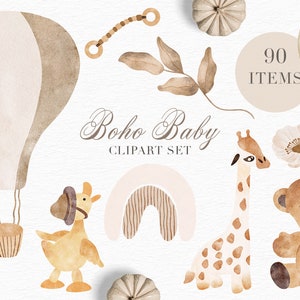 Aquarelle Boho bébé Clipart - Clipart peint à la main - pépinière Art imprimable - bébé Animal Clip Art - faire-part de naissance bébé - Boho Art S49e
