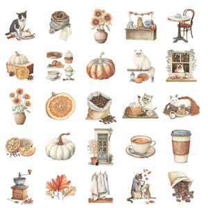 May include: Watercolor clipart pack featuring various autumn-themed illustrations. Includes pumpkins, sunflowers, cats, coffee, baked goods, and a cozy scarf. The text "Collection by Pati Paints" and "Watercolor Clipart Pack PNG Transparent Background 300 DPI" are also visible.