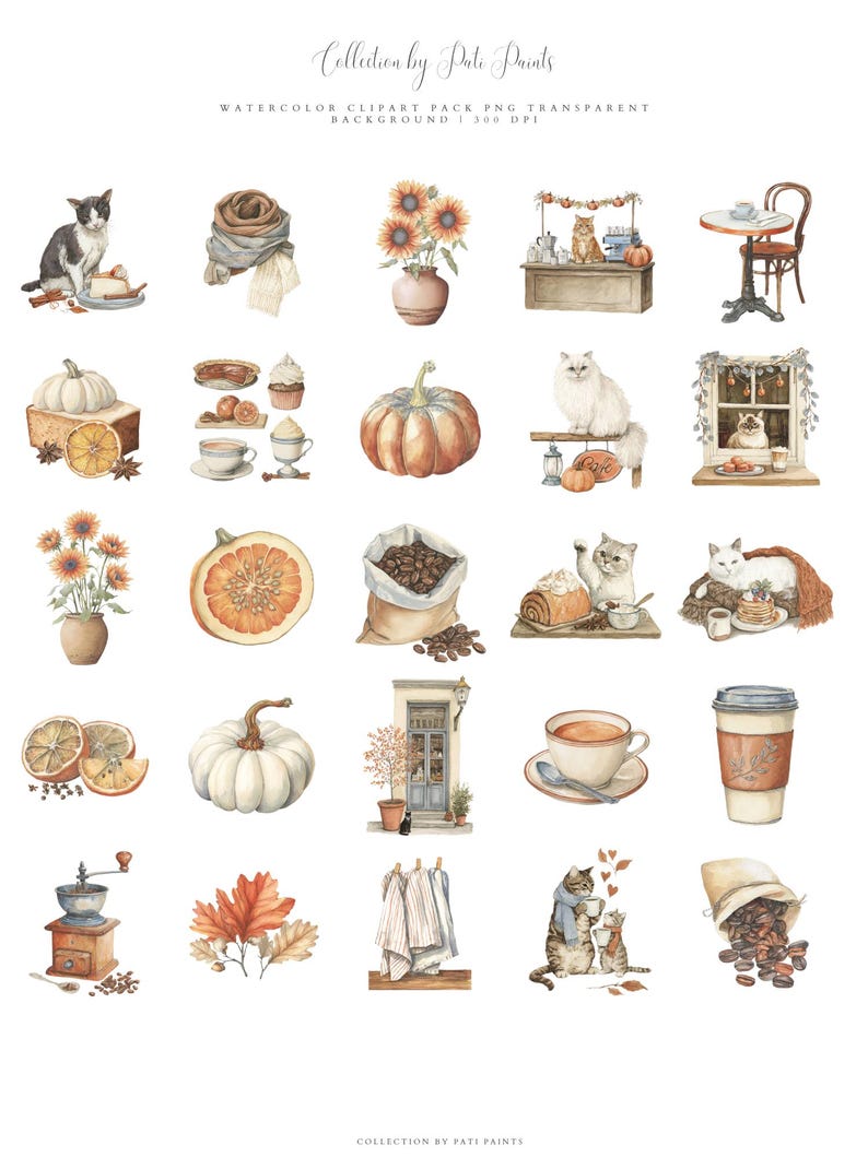 May include: Watercolor clipart pack featuring various autumn-themed illustrations. Includes pumpkins, sunflowers, cats, coffee, baked goods, and a cozy scarf. The text "Collection by Pati Paints" and "Watercolor Clipart Pack PNG Transparent Background 300 DPI" are also visible.