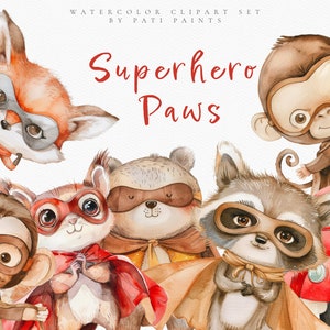 Conjunto de imágenes prediseñadas de superhéroes de acuarela para niños - Estampados de animales para bebés de guardería - Arte de pared de baby shower - Pegatina para niños - Descarga digital - Conjunto de animales