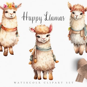 Happy Llama aquarel clipart set voor baby shower uitnodiging-Kid digitale clipart-schattig klein dier PNG-dier kwekerij decor voor verjaardag