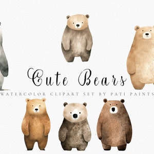 Pacote de clipart de urso fofo - clipart de álbum de recortes - arte de parede de urso de berçário - impressões de chá de bebê - download digital - animais em aquarela - floresta