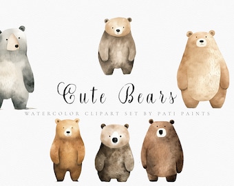 Cute Bear Clipart Bundle - Scrapbook Clipart - Nursery Bear Wall Art - Baby Shower Prints - Digital Download - Watercolor Animals - Woodland
