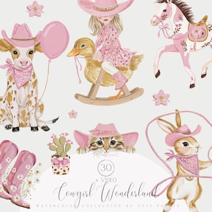 Watercolor Pink Cowgirl Clipart Bundle, Pink Western Animals, Cowboy Girl Illustrations, Rodeo Horse Clip Art, Wild West Digital PNG Set