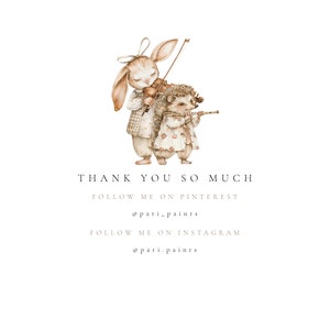 Pu&ograve; includere: Un'illustrazione ad acquerello di un coniglio che suona il violino e un riccio che suona il flauto. Il testo "THANK YOU SO MUCH" &egrave; sotto l'illustrazione, seguito da "FOLLOW ME ON PINTEREST @pati.paints" e "FOLLOW ME ON INSTAGRAM @pati.paints".