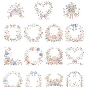 May include: Watercolor clipart pack featuring floral designs with bows. The collection includes wreaths, frames, and arrangements in pastel colors like pink, blue, and yellow. The text "Floral Bow Whispers" and other details are visible.