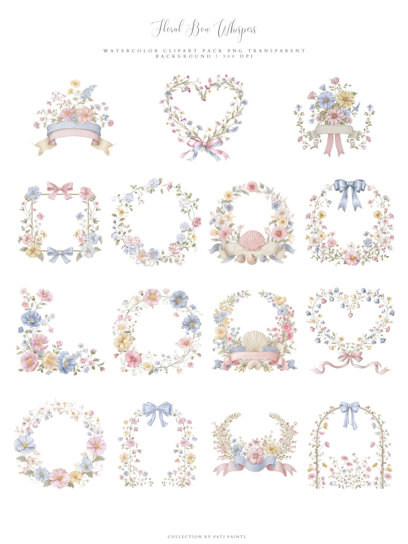 May include: Watercolor clipart pack featuring floral designs with bows. The collection includes wreaths, frames, and arrangements in pastel colors like pink, blue, and yellow. The text "Floral Bow Whispers" and other details are visible.