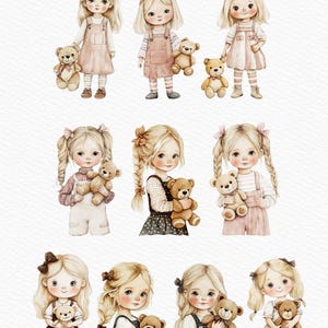 May include: Watercolor clipart set of eight girls with teddy bears. The girls are wearing different outfits and have different hairstyles. The teddy bears are brown and have different expressions.