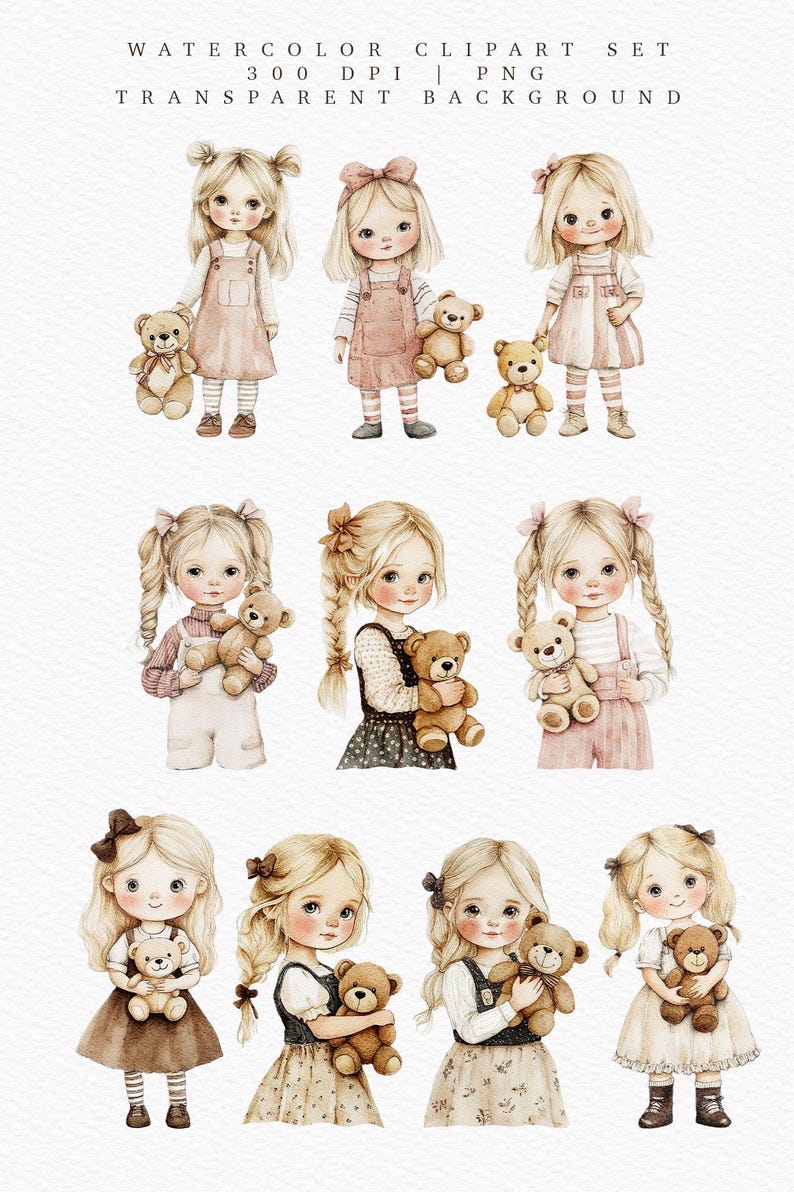 May include: Watercolor clipart set of eight girls with teddy bears. The girls are wearing different outfits and have different hairstyles. The teddy bears are brown and have different expressions.