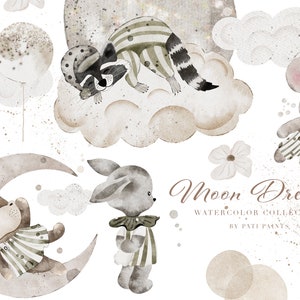 Moon Dreams Watercolor Clipart - Sleeping Animals Fabric - Moon and Cloud PNG - Watercolor Pattern - Nursery Decor Neutral - Minimalist Art