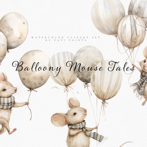 Muis met ballon digitale clipart bundel - aquarel kwekerij dieren - baby shower decor - digitale clipart voor kinderen - scrapbooking clipart