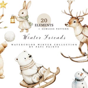 May include: Watercolor illustration of winter animals including an owl, rabbit, bear, polar bear, deer, and penguin. The image includes a snowball, a star wand, and a lantern. Text reads "Winter Friends" and "Watercolor Winter Collection by Pati Paints".