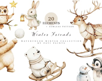 May include: Watercolor illustration of winter animals including an owl, rabbit, bear, polar bear, deer, and penguin. The image includes a snowball, a star wand, and a lantern. Text reads "Winter Friends" and "Watercolor Winter Collection by Pati Paints".
