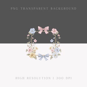 May include: A watercolor floral frame with a transparent background. The frame is adorned with pastel-colored flowers, bows, and foliage. The text "PNG TRANSPARENT BACKGROUND" and "HIGH RESOLUTION | 300 DPI" are displayed.