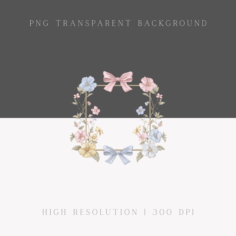 May include: A watercolor floral frame with a transparent background. The frame is adorned with pastel-colored flowers, bows, and foliage. The text "PNG TRANSPARENT BACKGROUND" and "HIGH RESOLUTION | 300 DPI" are displayed.