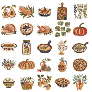 May include: Watercolor clipart pack featuring various fall-themed illustrations. The image includes pumpkins, pears, pies, a roasted turkey, and other food items. The text "Collection by Pati Paints" and "WATERCOLOR CLIPART PACK PNG TRANSPARENT BACKGROUND 300 DPI" is visible.