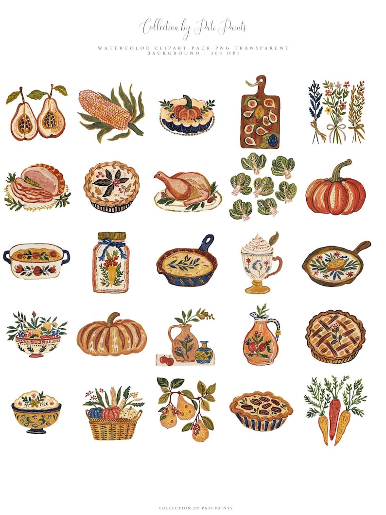 May include: Watercolor clipart pack featuring various fall-themed illustrations. The image includes pumpkins, pears, pies, a roasted turkey, and other food items. The text "Collection by Pati Paints" and "WATERCOLOR CLIPART PACK PNG TRANSPARENT BACKGROUND 300 DPI" is visible.