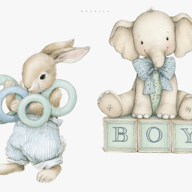 May include: Watercolor illustration featuring a bunny holding blue and green rings and an elephant with a blue bow. The elephant sits atop blocks spelling "BOY". The artwork has a soft, pastel color palette.