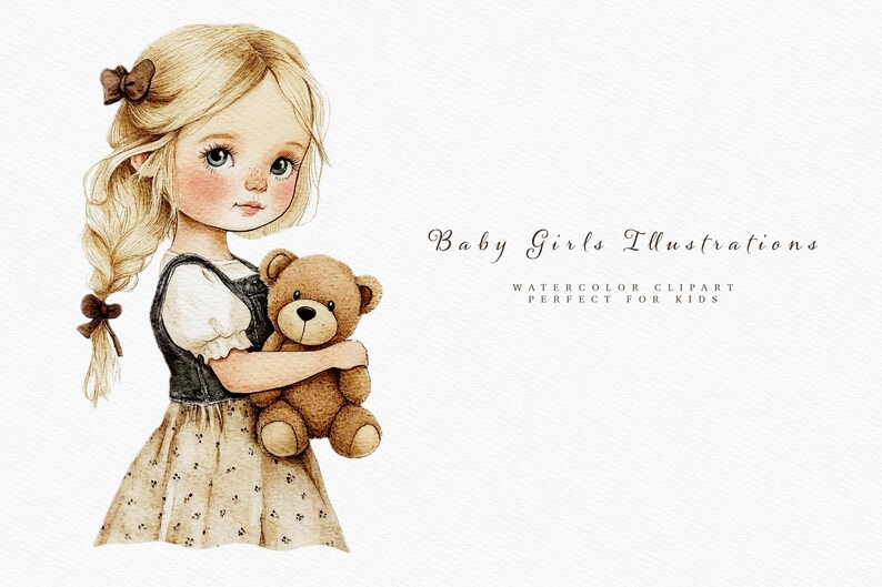 May include: Watercolor illustration of a young girl with blonde hair and a brown teddy bear. She is wearing a blue and white dress with a brown belt. The girl is holding the teddy bear in her arms. The background is white.