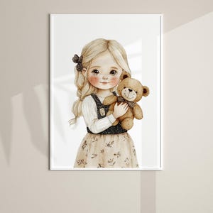 May include: A watercolor illustration of a young girl with blonde hair and a brown teddy bear. She is wearing a white shirt, a blue and black overall dress, and a brown floral skirt. The girl is holding the teddy bear in her arms and smiling.