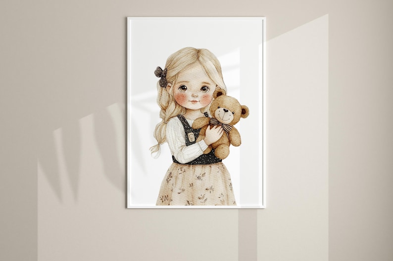 May include: A watercolor illustration of a young girl with blonde hair and a brown teddy bear. She is wearing a white shirt, a blue and black overall dress, and a brown floral skirt. The girl is holding the teddy bear in her arms and smiling.