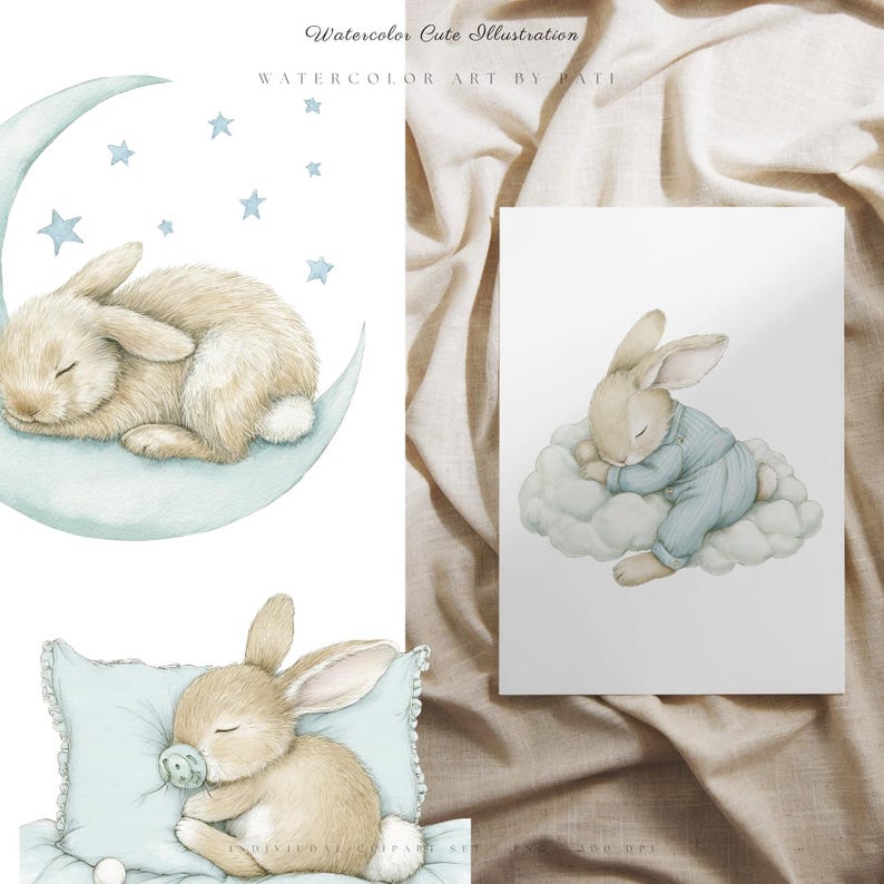 May include: Watercolor illustrations of sleeping bunnies. One bunny rests on a crescent moon with stars, another on a cloud, and a third on a pillow with a pacifier. The text "Watercolor Cute Illustration" is at the top.