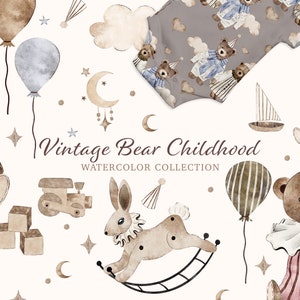 Vintage Aquarell Bär Clipart - Bär mit Shirt - Baby Spielzeug Neugeborene - Aquarell Bär Poster - Kinderzimmer Dekor Vintage - Seamless File S50