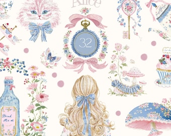 May include: Watercolor illustration featuring elements from Alice in Wonderland. Includes a pink cat, a pocket watch with the number 32, a key, a bottle labeled "Drink Me," and a girl with blonde hair. The design incorporates pink, blue, and floral motifs.