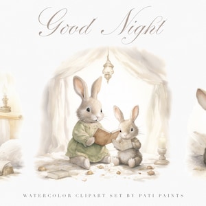 Aquarell weiche Kinderzimmer Kaninchen Clipart - zarte Aquarell Tier Gute Nacht Clipart - Kinderzimmer Dekor - Wandkunst - Mixed Media - Traum PNG