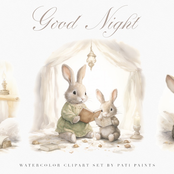 Watercolor Soft Nursery Rabbits Clipart - Delicate Watercolor Animal Good Night Clipart - Nursery Decor - Wall Art - Mixed Media - Dream PNG