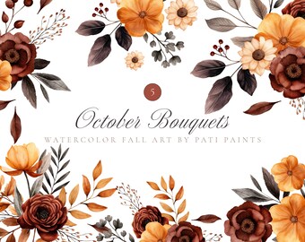 Watercolor Autumn Bouquets - October Clipart - Autumn Flowers PNG - Fall Watercolor Flowers - Fall Bouquet - Wedding Invite - Autumn Clipart