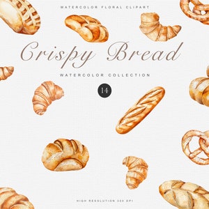 Ensemble de cliparts aquarelle boulangerie pour usage commercial - téléchargement numérique - pain - aquarelle nourriture Clipart baguettes Français croissants pâtisserie