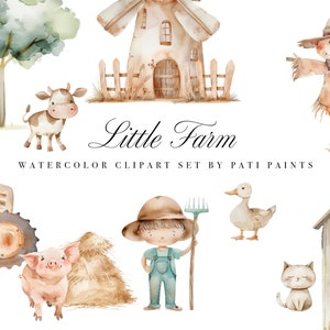 Paquete de imágenes prediseñadas de animales de granja de vivero - Imágenes prediseñadas de animales de granja de acuarela - Arte de pared de baby shower - Imágenes prediseñadas de guardería - Álbum de recortes - Diario basura