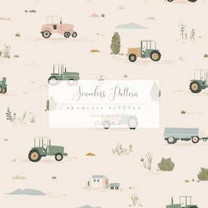 Könnte beinhalten: Ein nahtloses Muster mit Illustrationen von Traktoren in Grün und Rosa auf beigem Hintergrund. Das Design enthält den Text "Seamless Pattern" und "High Resolution". Das Thema ist Bauernhof und Landwirtschaft, geeignet für Textilien.