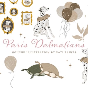 Gouche Paris dalmatiner Clipart - söt hund PNG - barnkammarclipart för baby - direkt nedladdning - kommersiell licens - utskrivbar konst - sömlös
