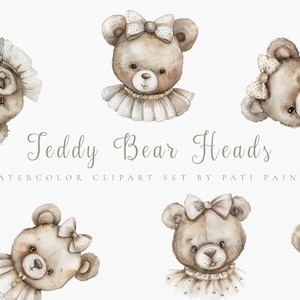 Watercolor Teddy Bear Head Clipart Bundle - Nursery Wall Art - Teddy Bear Clipart - Scrapbooking - Digital Sticker - Watercolor Bear Clipart