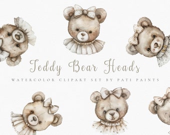 Watercolor Teddy Bear Head Clipart Bundle - Nursery Wall Art - Teddy Bear Clipart - Scrapbooking - Digital Sticker - Watercolor Bear Clipart