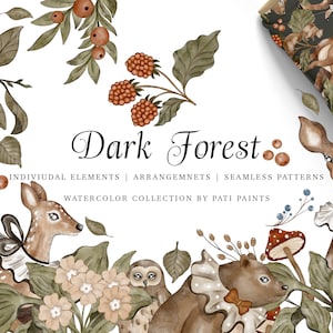 Aquarelle Dark Forest Animal Nursery Clipart Pattern Set - Aquarelle Evergreen Forest Digital - Woodland Animal - Seamless Patterns PNG