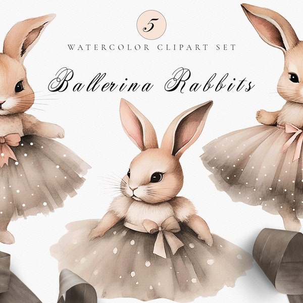 Watercolor Cute Ballerina Rabbits Clipart Set for Baby Shower Invite - Nursery Cute Bunny in tutus - Nursery PNG - Watercolor Animal Nursery