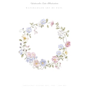 May include: Watercolor illustration of a floral wreath. The wreath features a variety of pastel-colored flowers, including pink, blue, and white blooms, arranged in a circular pattern. The text "Watercolor Cute Illustration" and "WATERCOLOR ART BY PATI" are at the top.