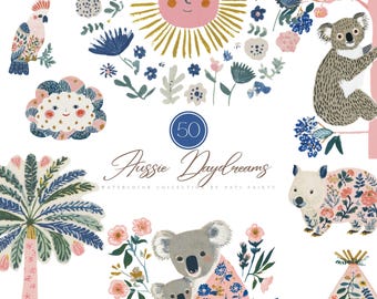 Watercolor Koala Clipart Set, Aussie Animals PNG, Floral Wombat Cockatoo Sun Illustration, Australian Wildlife Art Bundle