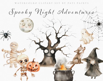 Watercolor Cute Halloween Clipart Bundle for Kids - Monster Clipart Pack - Halloween Kids Wall Art - Ghost - Vampire - Pumpkin Clipart Set