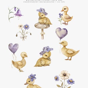 May include: Watercolor clipart pack featuring charming yellow ducklings adorned with floral crowns and holding purple heart-shaped balloons. The image includes various flowers and the text "The Bellflower Ducklings".