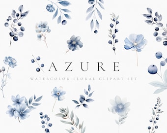 Conjunto de clipart floral azul empoeirado aquarela - Clipart pré-fabricado para convite de casamento - Flor Azul Aquarela - Clipart Floral Aquarela PNG