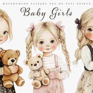 Conjunto de imágenes prediseñadas de niñas en acuarela - Retratos de personas - Imágenes prediseñadas de niños - Niñas en acuarela - Uso comercial - Decoración imprimible - Conjunto de niñas para guardería