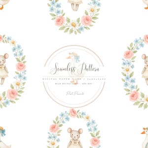 Vintage Mouse Seamless Pattern, Floral Goose Digital Paper for Baby Girl, Watercolor Nursery Fabric Design, Soft Pastel Cottagecore Pattern
